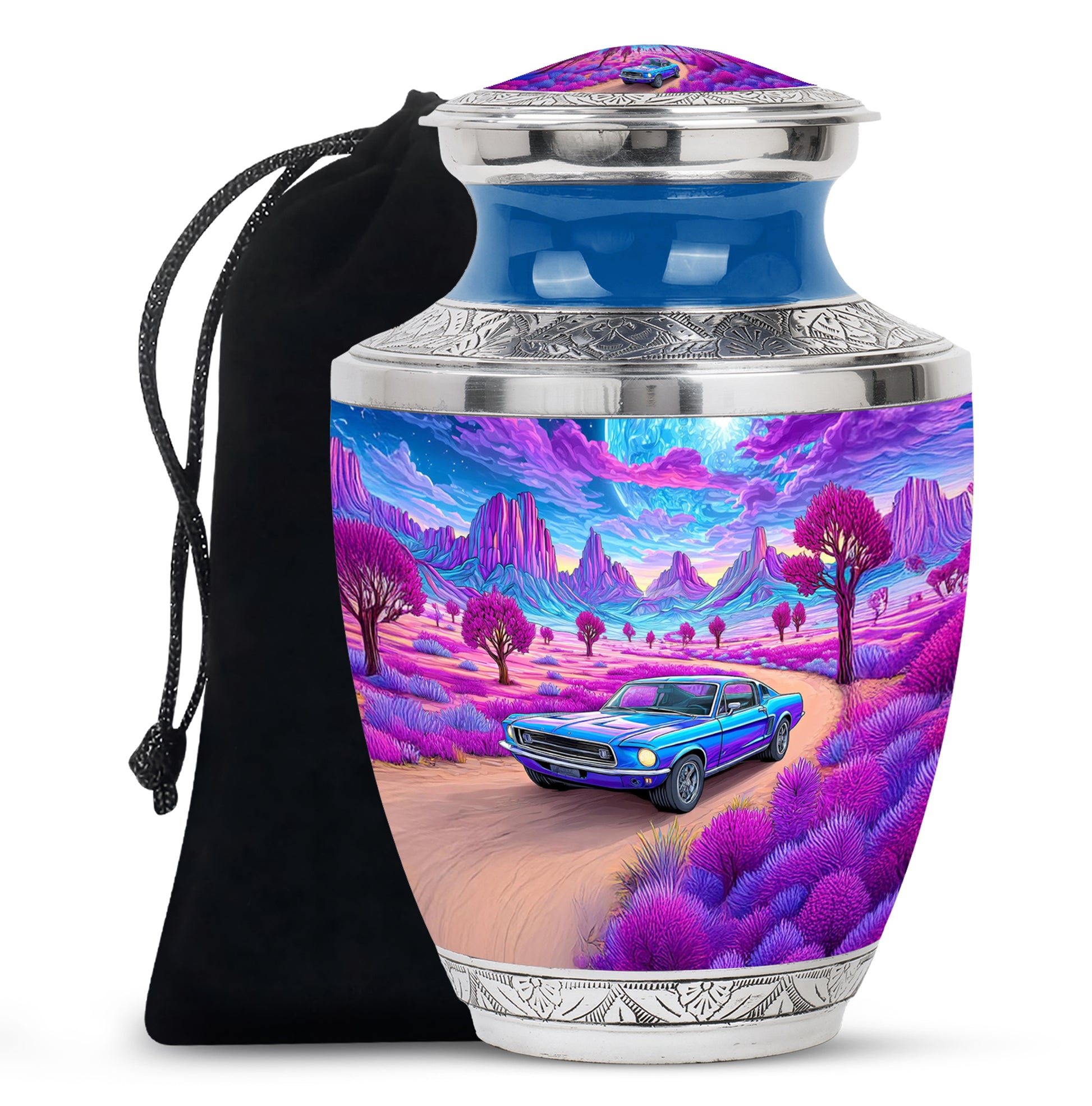 Cobalt Blue Car Cremation Urn side profile showing urn shape - artistic car interpretation with creative detail - full-size 10 inch 200 cubic inch adult cremation urn
