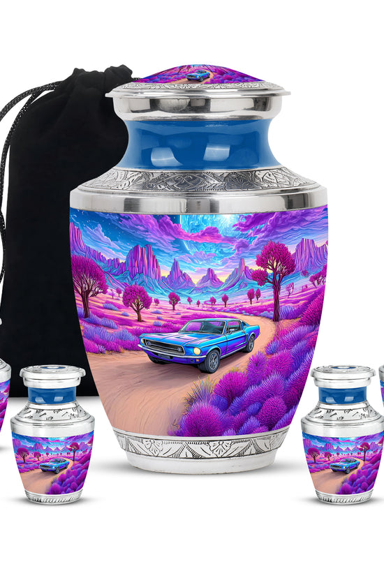 Navy Blue Car Cremation Urn lifestyle display on memorial shelf - modern art-inspired car motif on sleek aluminum - memorial set with one large and four small urns
