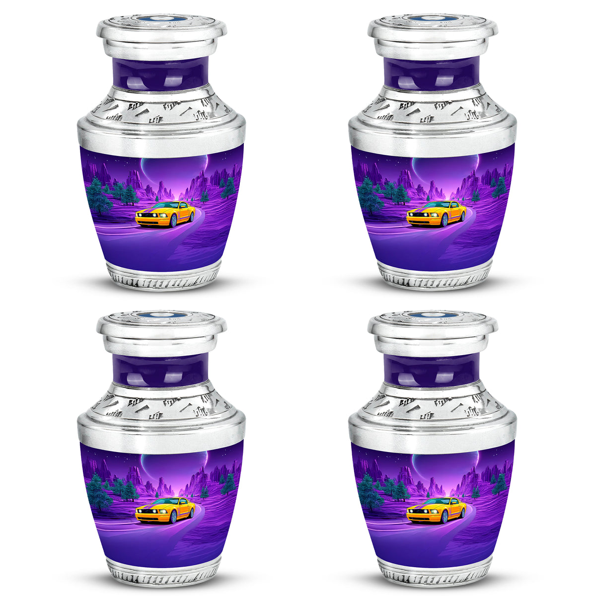 Vivid Blue Car Cremation Urn back view with polished surface - artistic car interpretation with creative detail - 10 inch aluminum urn for cremated remains
