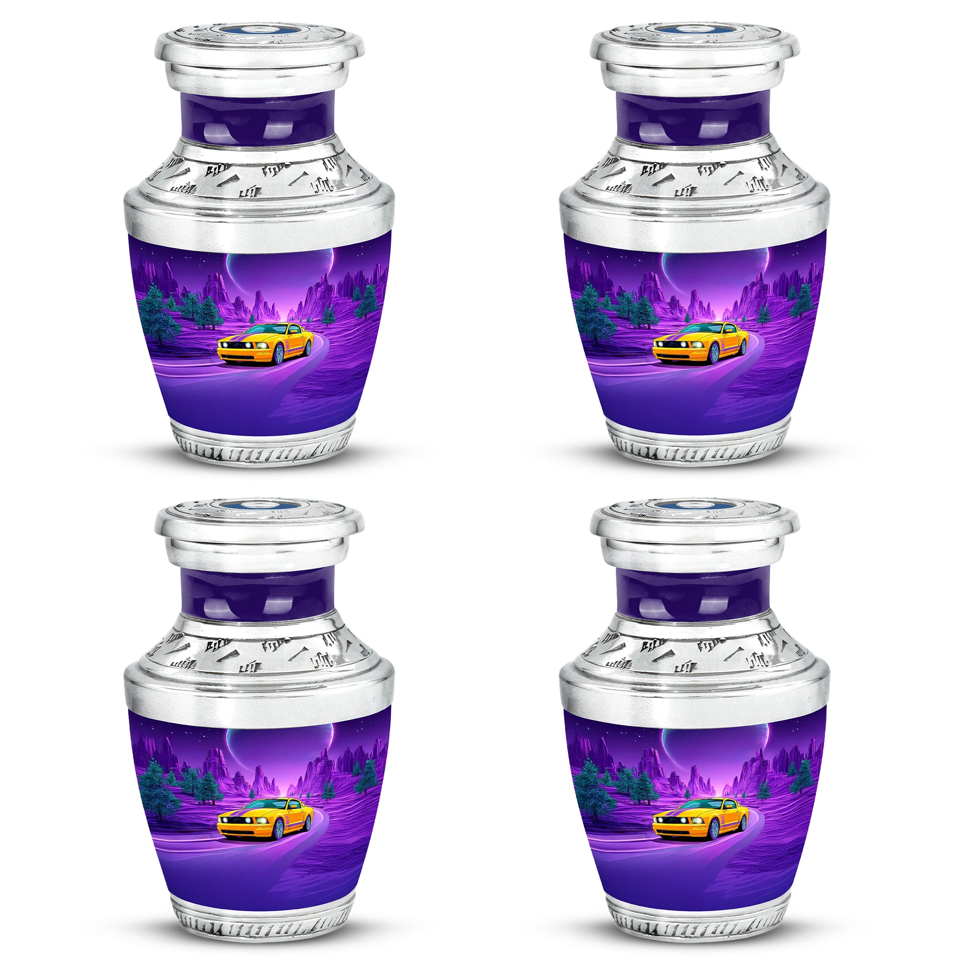 Vivid Blue Car Cremation Urn back view with polished surface - artistic car interpretation with creative detail - 10 inch aluminum urn for cremated remains