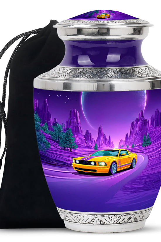 Misty Blue Car Cremation Urn side profile showing urn shape - modern art-inspired car motif on sleek aluminum - full-size 10 inch 200 cubic inch adult cremation urn