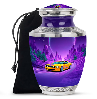 Misty Blue Car Cremation Urn side profile showing urn shape - modern art-inspired car motif on sleek aluminum - full-size 10 inch 200 cubic inch adult cremation urn
