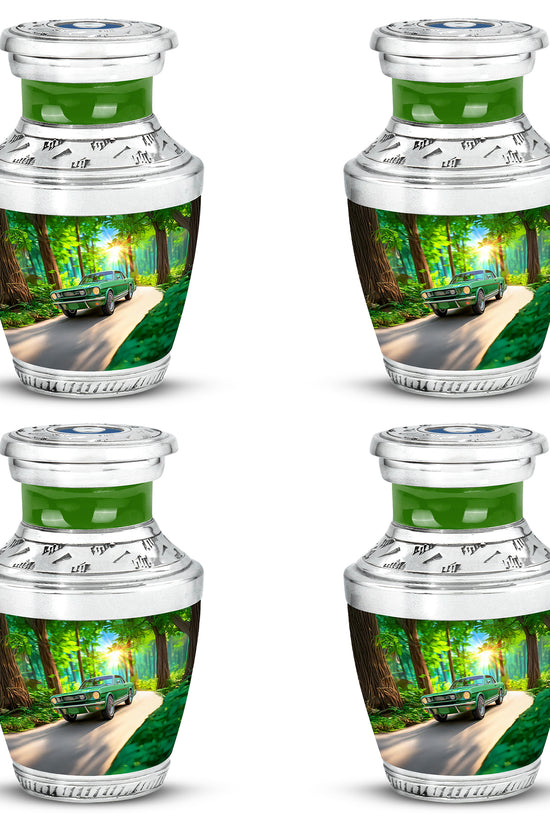 Moss Green Car Cremation Urn back view with polished surface - contemporary car design with modern artistic flair - 10 inch aluminum urn for cremated remains