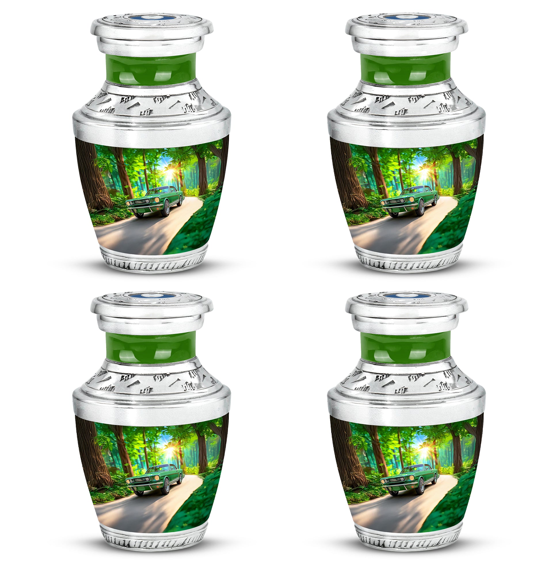 Moss Green Car Cremation Urn back view with polished surface - contemporary car design with modern artistic flair - 10 inch aluminum urn for cremated remains
