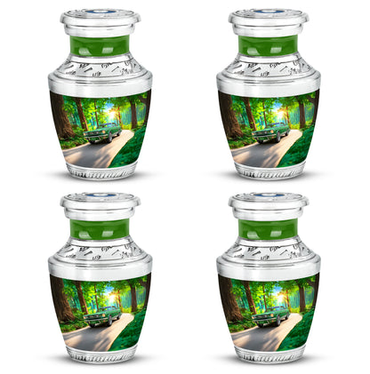 Moss Green Car Cremation Urn back view with polished surface - contemporary car design with modern artistic flair - 10 inch aluminum urn for cremated remains