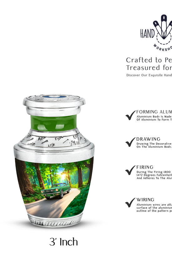 Emerald Green Car Cremation Urn top-down view of secure threaded lid - contemporary car design with modern artistic flair - mini keepsake memorial for portion of cremation ashes