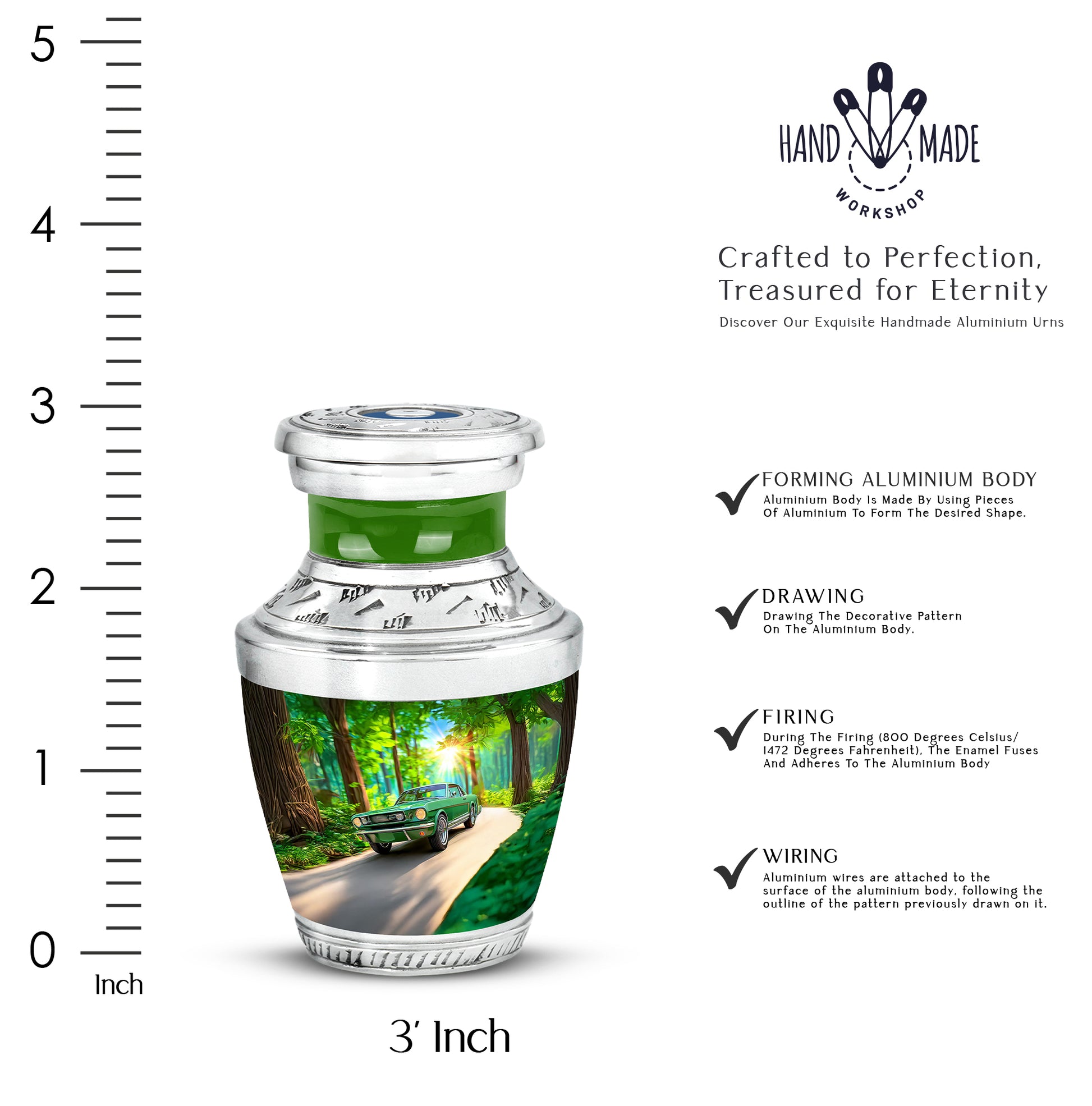 Emerald Green Car Cremation Urn top-down view of secure threaded lid - contemporary car design with modern artistic flair - mini keepsake memorial for portion of cremation ashes