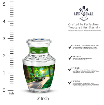 Emerald Green Car Cremation Urn top-down view of secure threaded lid - contemporary car design with modern artistic flair - mini keepsake memorial for portion of cremation ashes