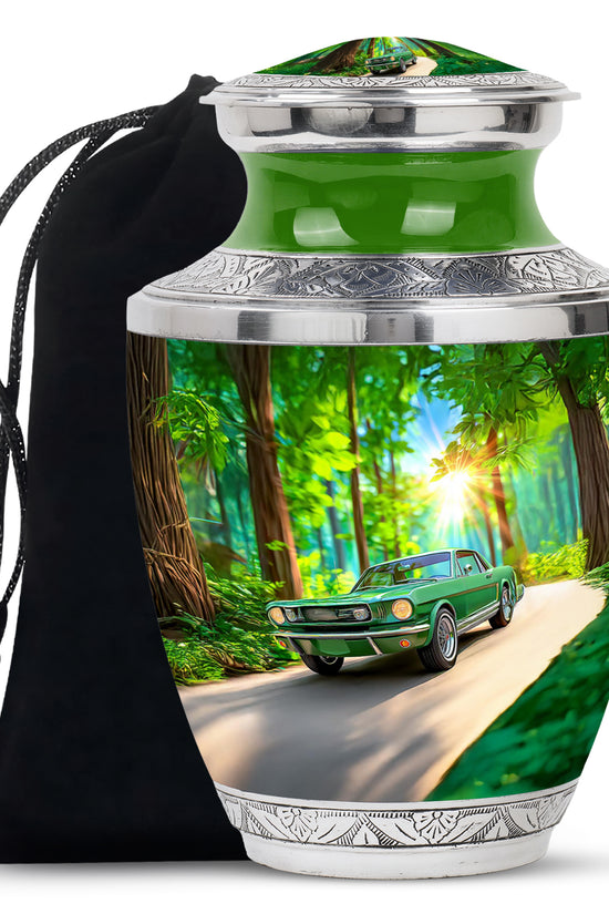 Moss Green Car Cremation Urn side profile showing urn shape - contemporary car design with modern artistic flair - full-size 10 inch 200 cubic inch adult cremation urn