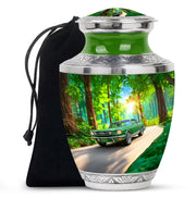 Moss Green Car Cremation Urn side profile showing urn shape - contemporary car design with modern artistic flair - full-size 10 inch 200 cubic inch adult cremation urn