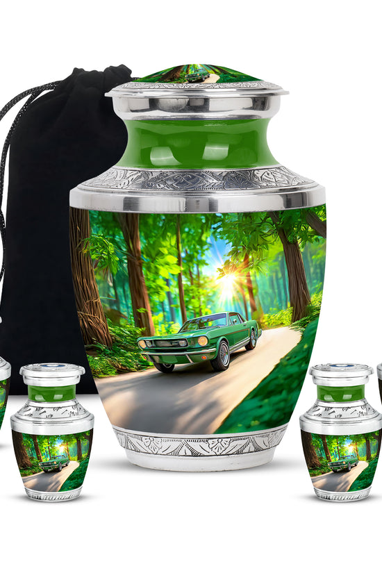 Hunter Green Car Cremation Urn lifestyle display on memorial shelf - stylized abstract car pattern with bold lines - memorial set with one large and four small urns