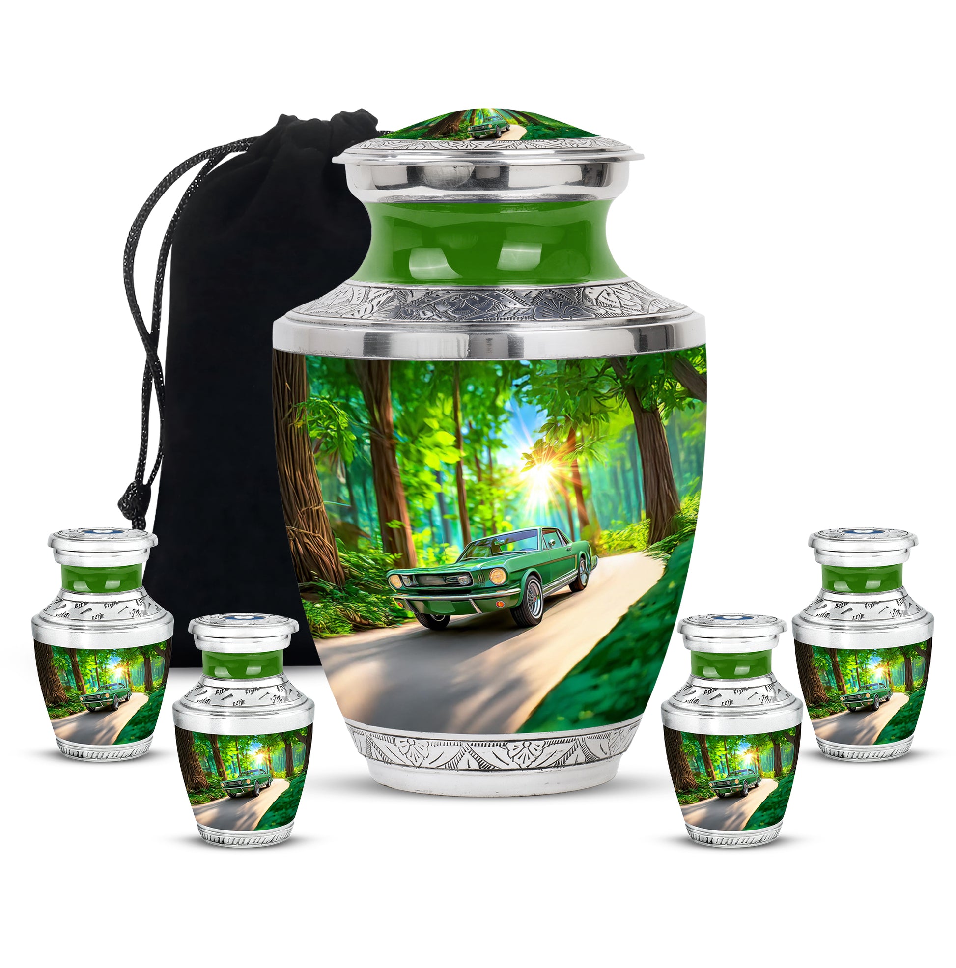 Hunter Green Car Cremation Urn lifestyle display on memorial shelf - stylized abstract car pattern with bold lines - memorial set with one large and four small urns