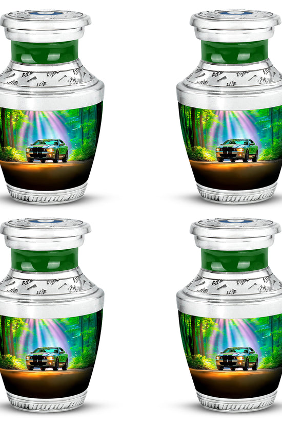 Tropical Teal Car Cremation Urn back view with polished surface - artistic car interpretation with creative detail - 10 inch aluminum urn for cremated remains