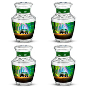 Tropical Teal Car Cremation Urn back view with polished surface - artistic car interpretation with creative detail - 10 inch aluminum urn for cremated remains