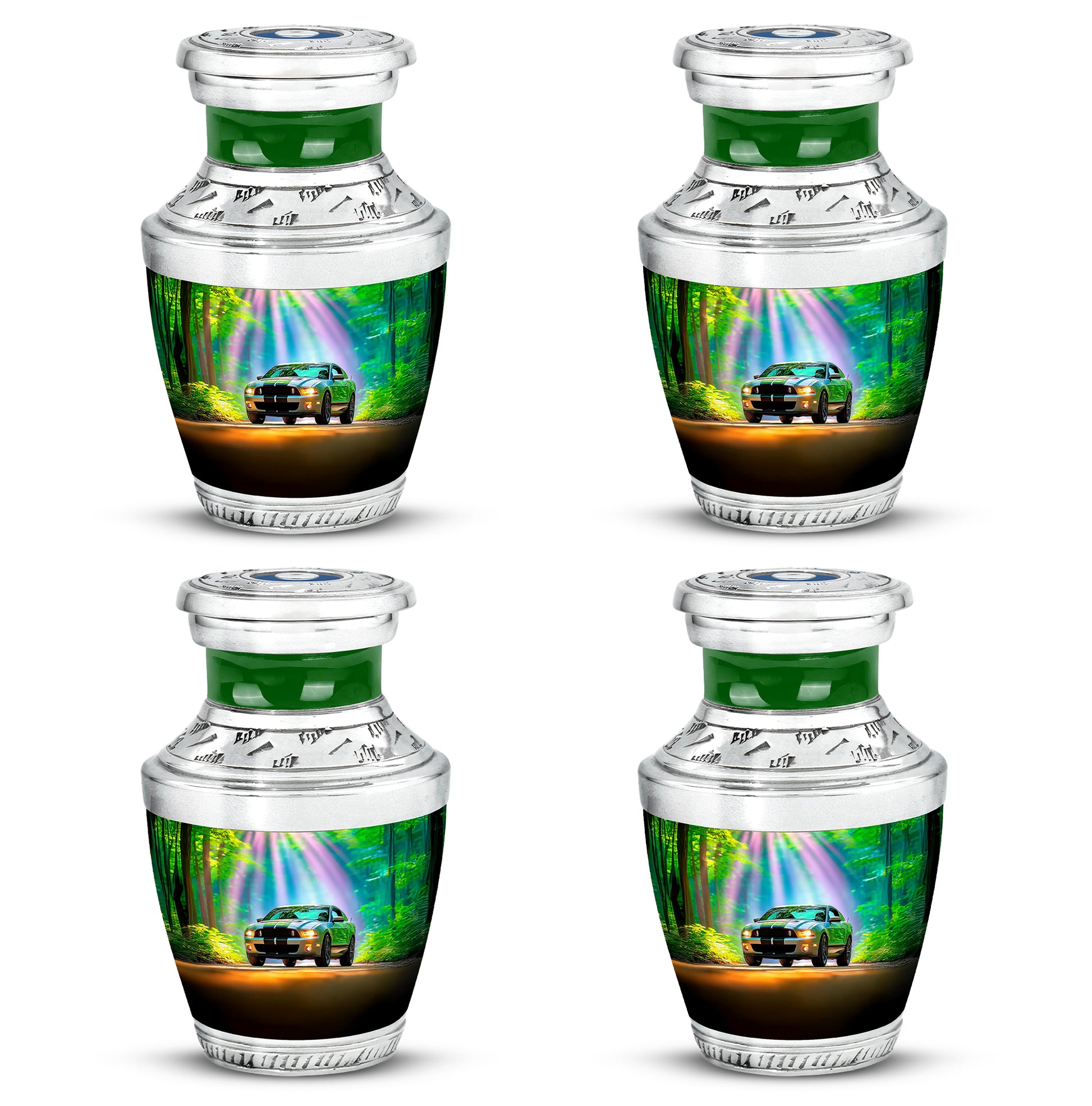 Tropical Teal Car Cremation Urn back view with polished surface - artistic car interpretation with creative detail - 10 inch aluminum urn for cremated remains