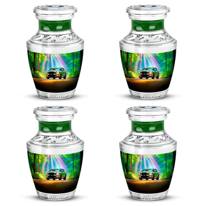 Tropical Teal Car Cremation Urn back view with polished surface - artistic car interpretation with creative detail - 10 inch aluminum urn for cremated remains