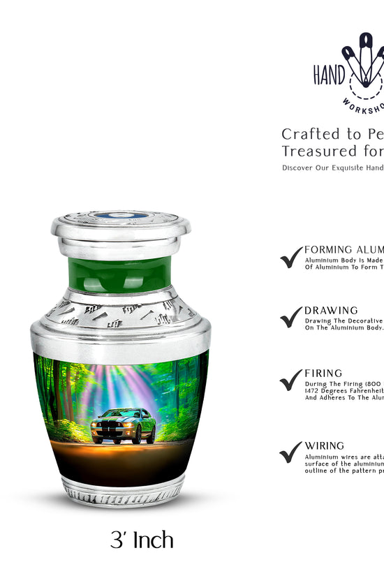 Ocean Teal Car Cremation Urn top-down view of secure threaded lid - modern art-inspired car motif on sleek aluminum - mini keepsake memorial for portion of cremation ashes