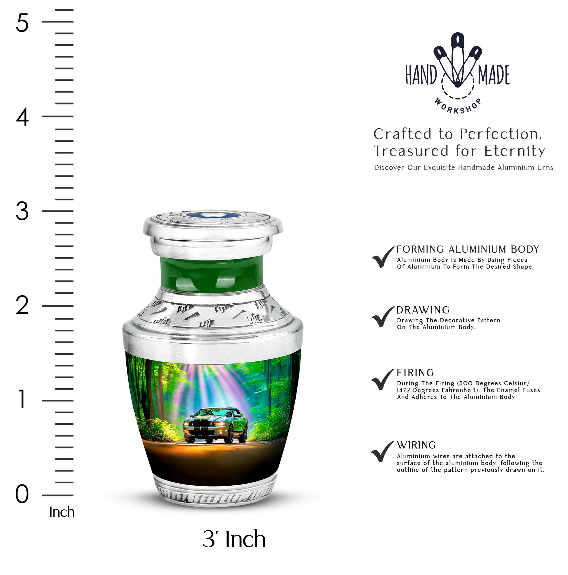 Ocean Teal Car Cremation Urn top-down view of secure threaded lid - modern art-inspired car motif on sleek aluminum - mini keepsake memorial for portion of cremation ashes