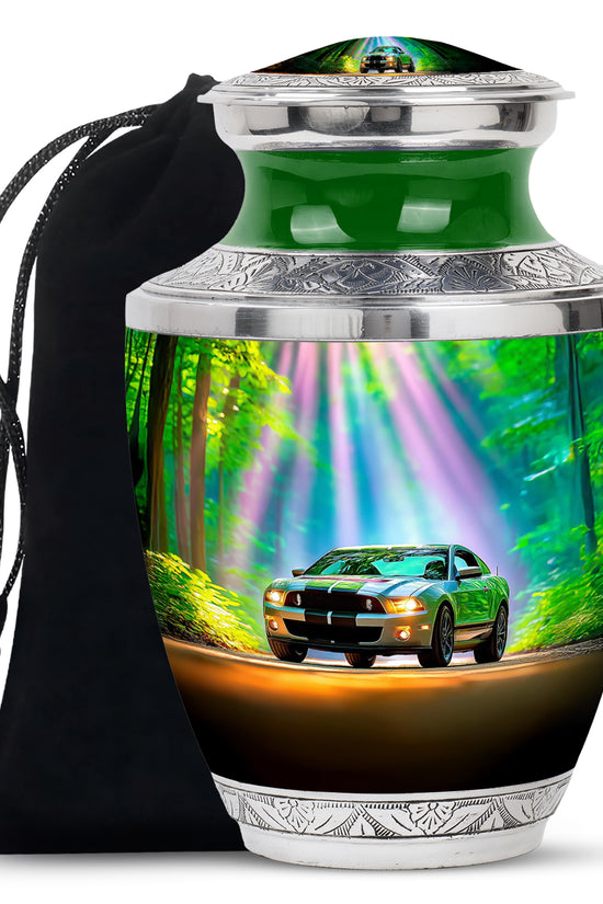 Soft Teal Car Cremation Urn side profile showing urn shape - modern art-inspired car motif on sleek aluminum - full-size 10 inch 200 cubic inch adult cremation urn