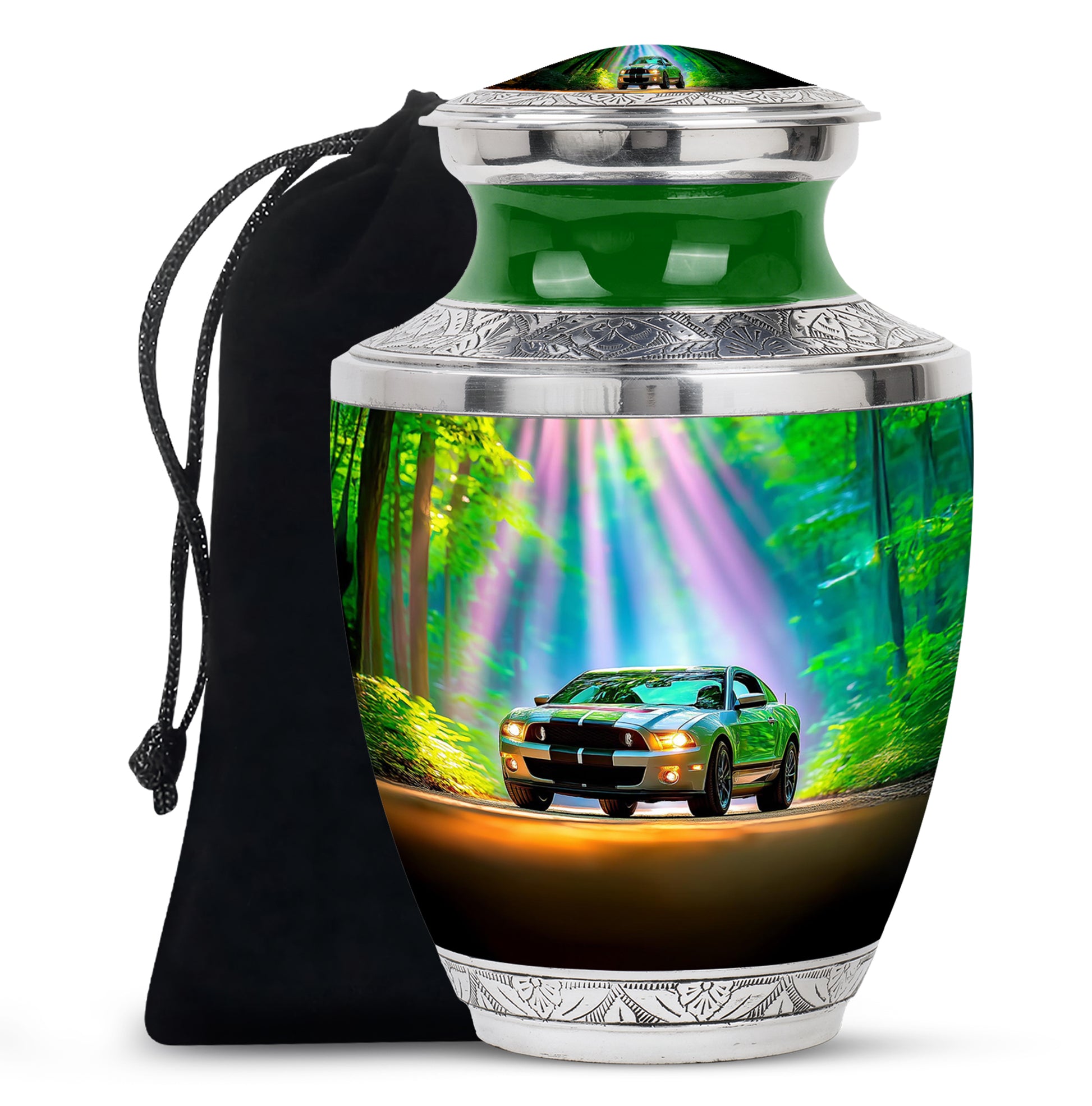 Soft Teal Car Cremation Urn side profile showing urn shape - modern art-inspired car motif on sleek aluminum - full-size 10 inch 200 cubic inch adult cremation urn