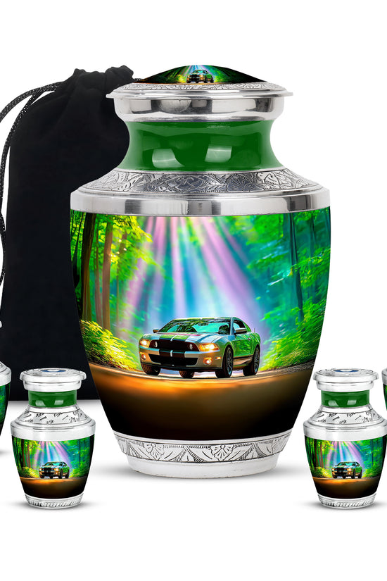 Cool Teal Car Cremation Urn lifestyle display on memorial shelf - contemporary car design with modern artistic flair - memorial set with one large and four small urns