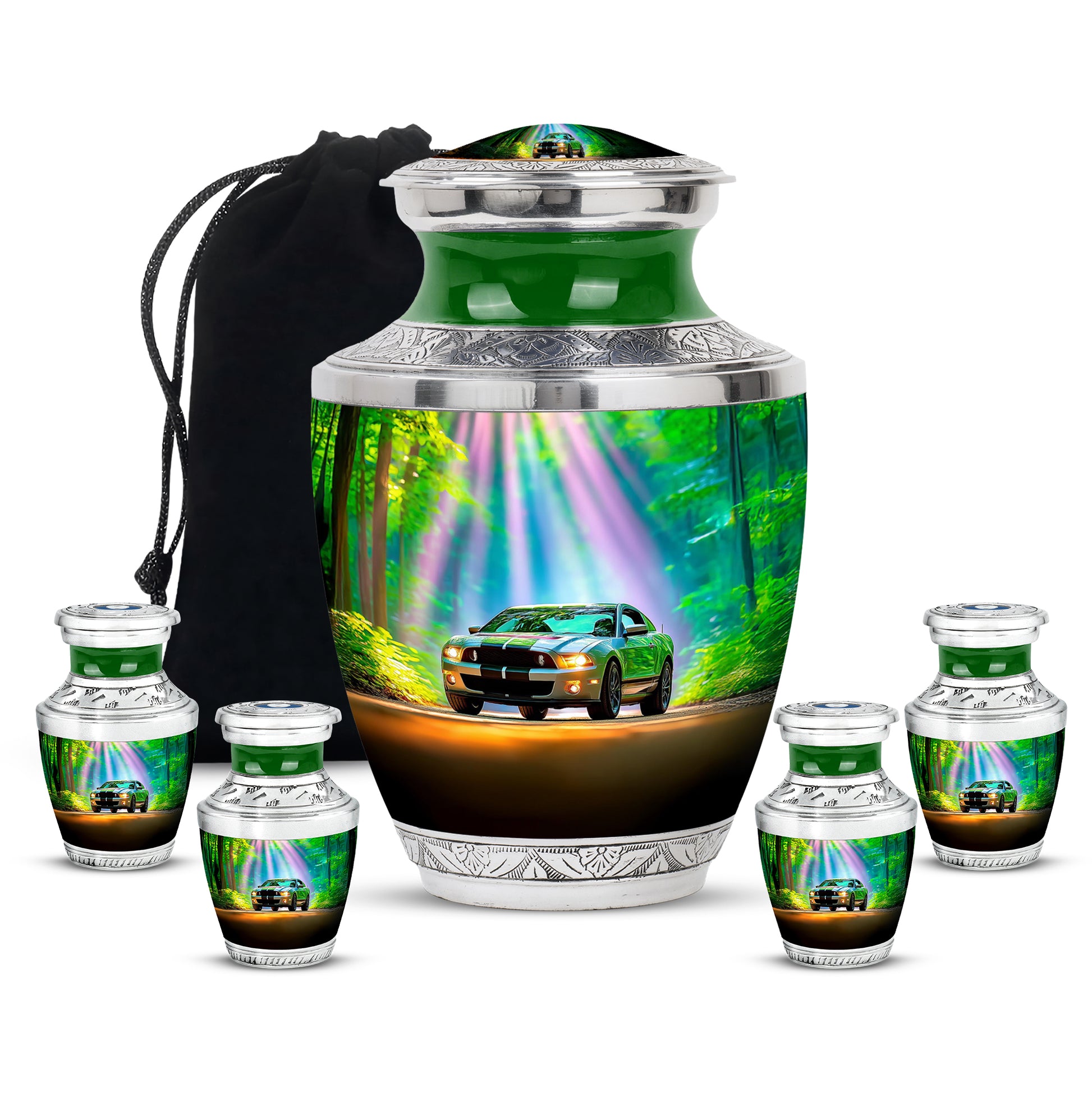Cool Teal Car Cremation Urn lifestyle display on memorial shelf - contemporary car design with modern artistic flair - memorial set with one large and four small urns