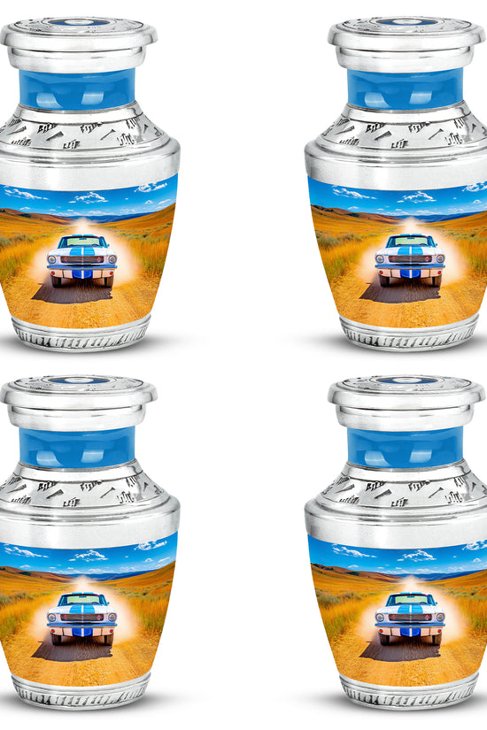 Steel Blue Car Cremation Urn back view with polished surface - artistic car interpretation with creative detail - 10 inch aluminum urn for cremated remains