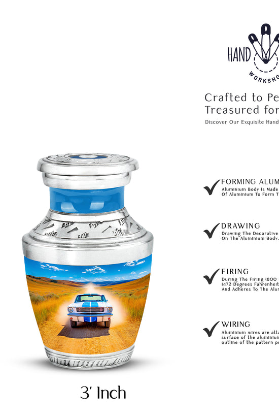 Soft Blue Car Cremation Urn top-down view of secure threaded lid - stylized abstract car pattern with bold lines - mini keepsake memorial for portion of cremation ashes