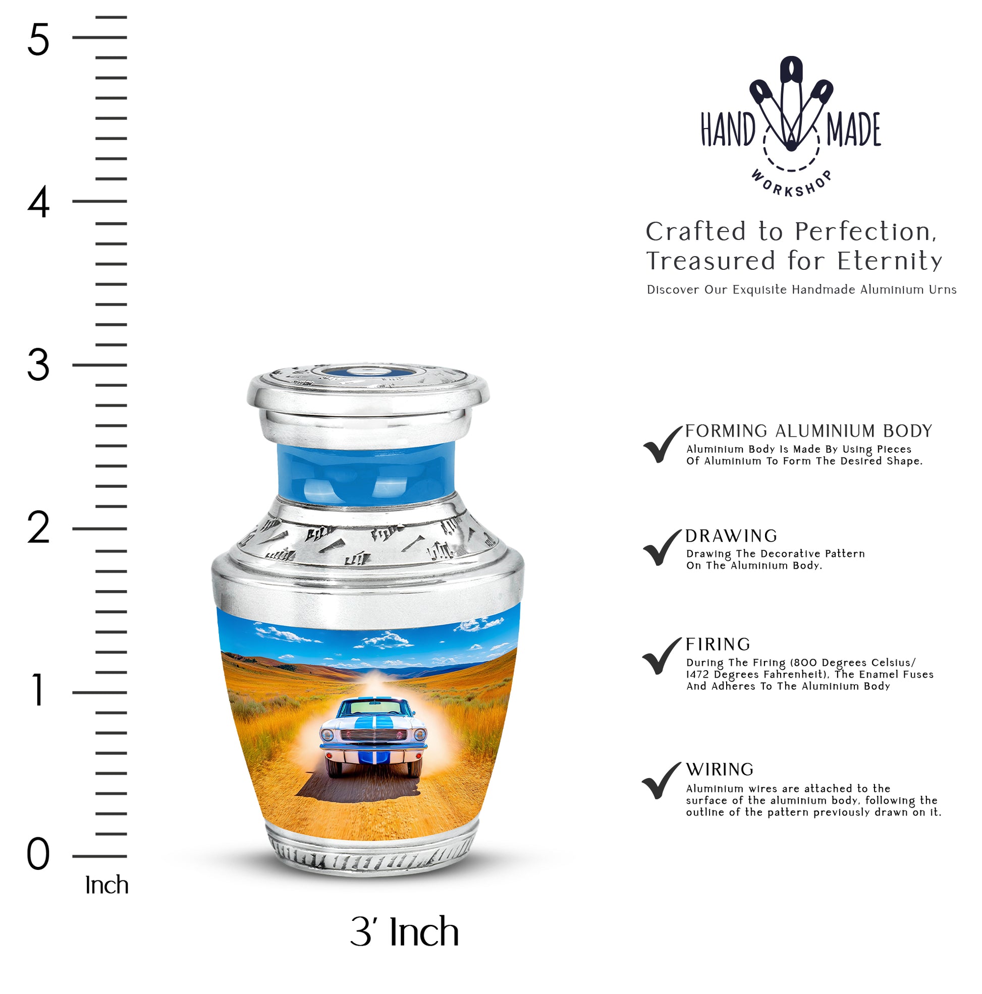Soft Blue Car Cremation Urn top-down view of secure threaded lid - stylized abstract car pattern with bold lines - mini keepsake memorial for portion of cremation ashes