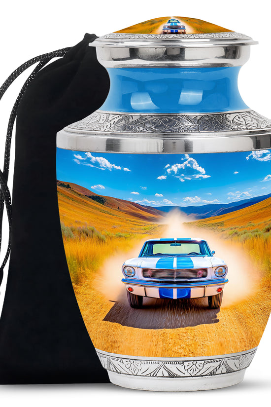 Celestial Blue Car Cremation Urn side profile showing urn shape - contemporary car design with modern artistic flair - full-size 10 inch 200 cubic inch adult cremation urn