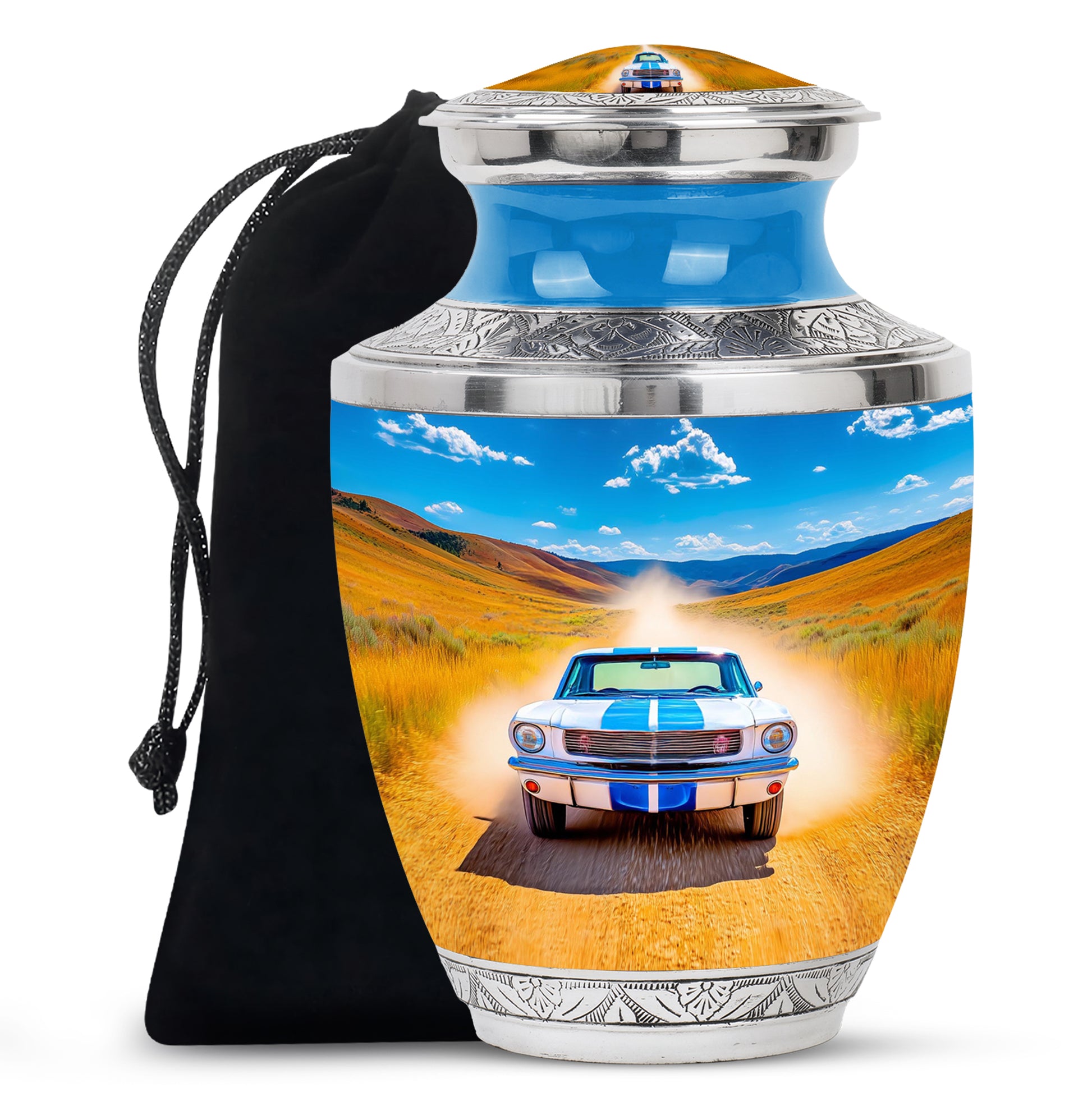 Celestial Blue Car Cremation Urn side profile showing urn shape - contemporary car design with modern artistic flair - full-size 10 inch 200 cubic inch adult cremation urn