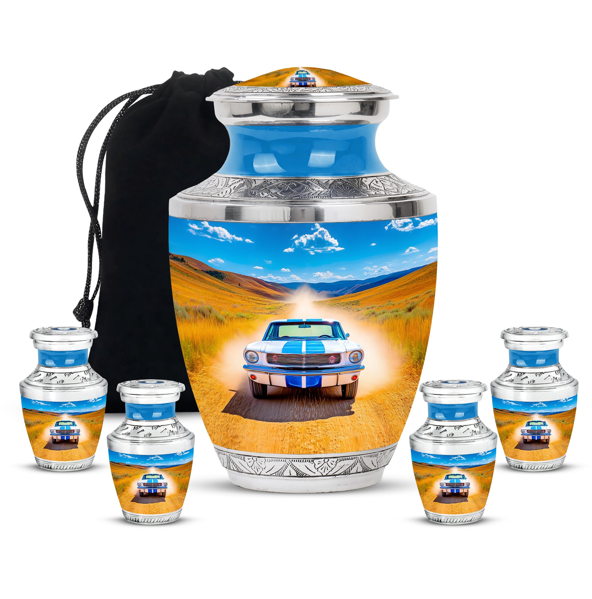 Soft Blue Car Cremation Urn lifestyle display on memorial shelf - stylized abstract car pattern with bold lines - memorial set with one large and four small urns