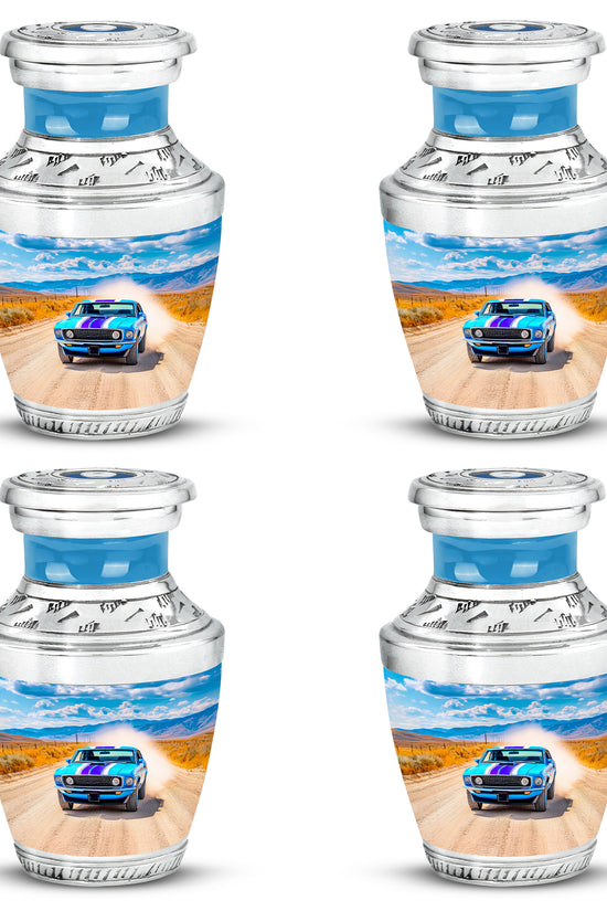 Celestial Blue Car Cremation Urn back view with polished surface - modern art-inspired car motif on sleek aluminum - 10 inch aluminum urn for cremated remains