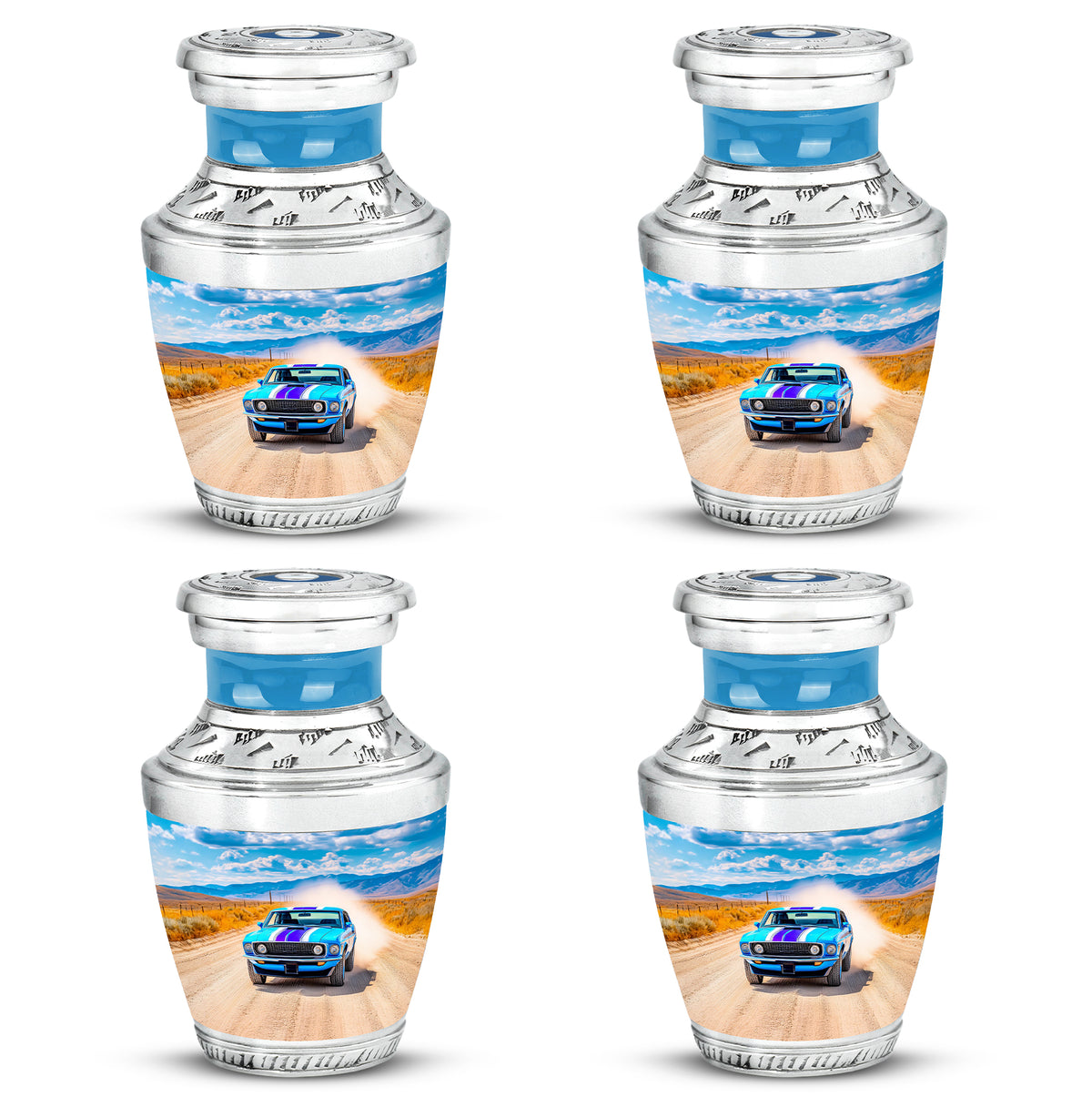 Celestial Blue Car Cremation Urn back view with polished surface - modern art-inspired car motif on sleek aluminum - 10 inch aluminum urn for cremated remains