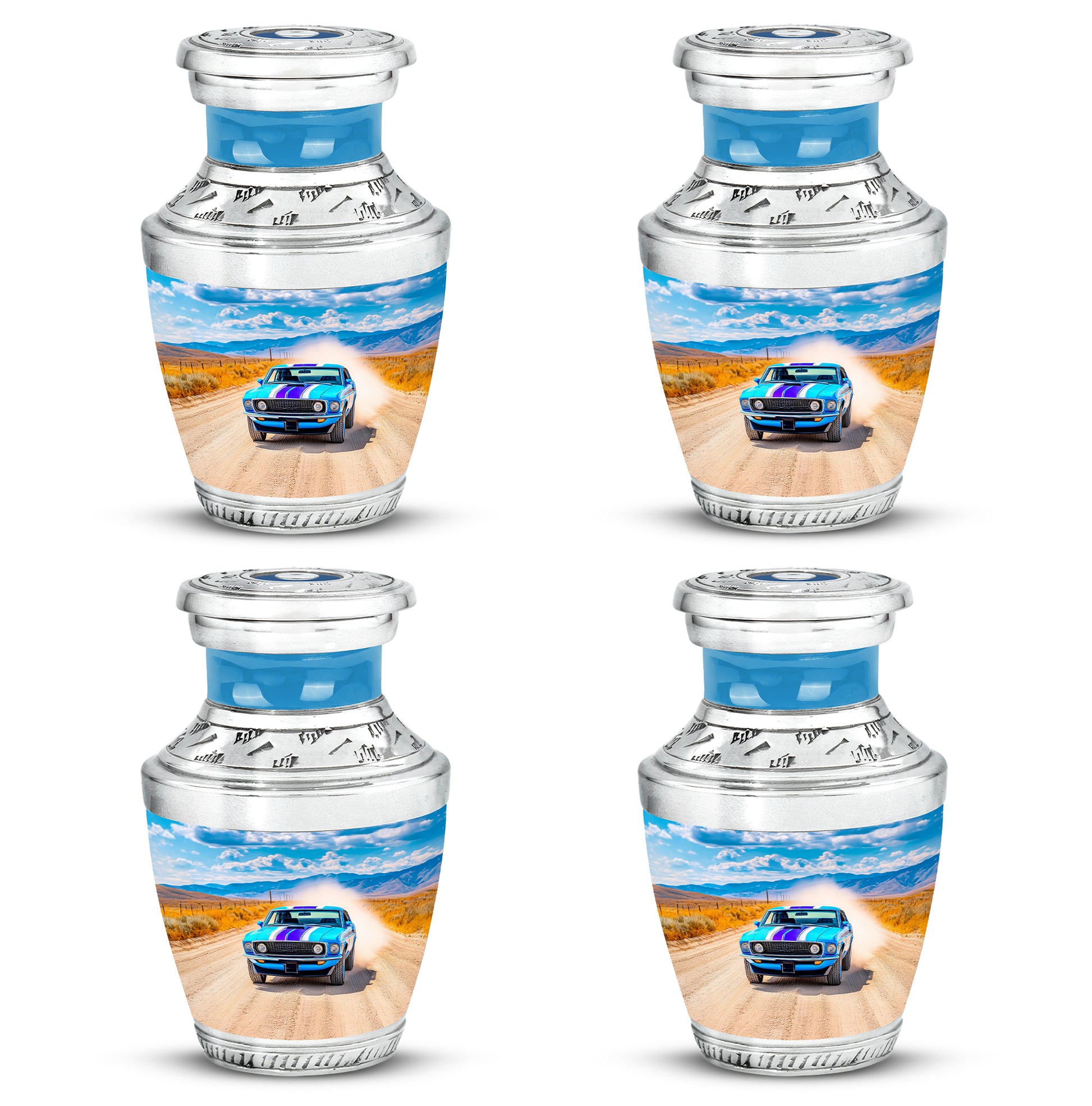 Celestial Blue Car Cremation Urn back view with polished surface - modern art-inspired car motif on sleek aluminum - 10 inch aluminum urn for cremated remains