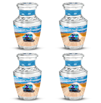 Celestial Blue Car Cremation Urn back view with polished surface - modern art-inspired car motif on sleek aluminum - 10 inch aluminum urn for cremated remains