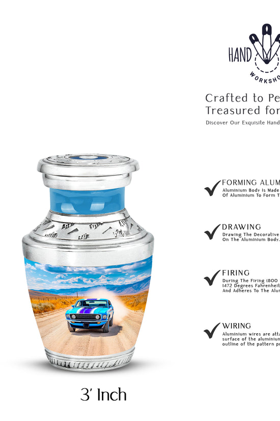 Calming Blue Car Cremation Urn top-down view of secure threaded lid - stylized abstract car pattern with bold lines - mini keepsake memorial for portion of cremation ashes