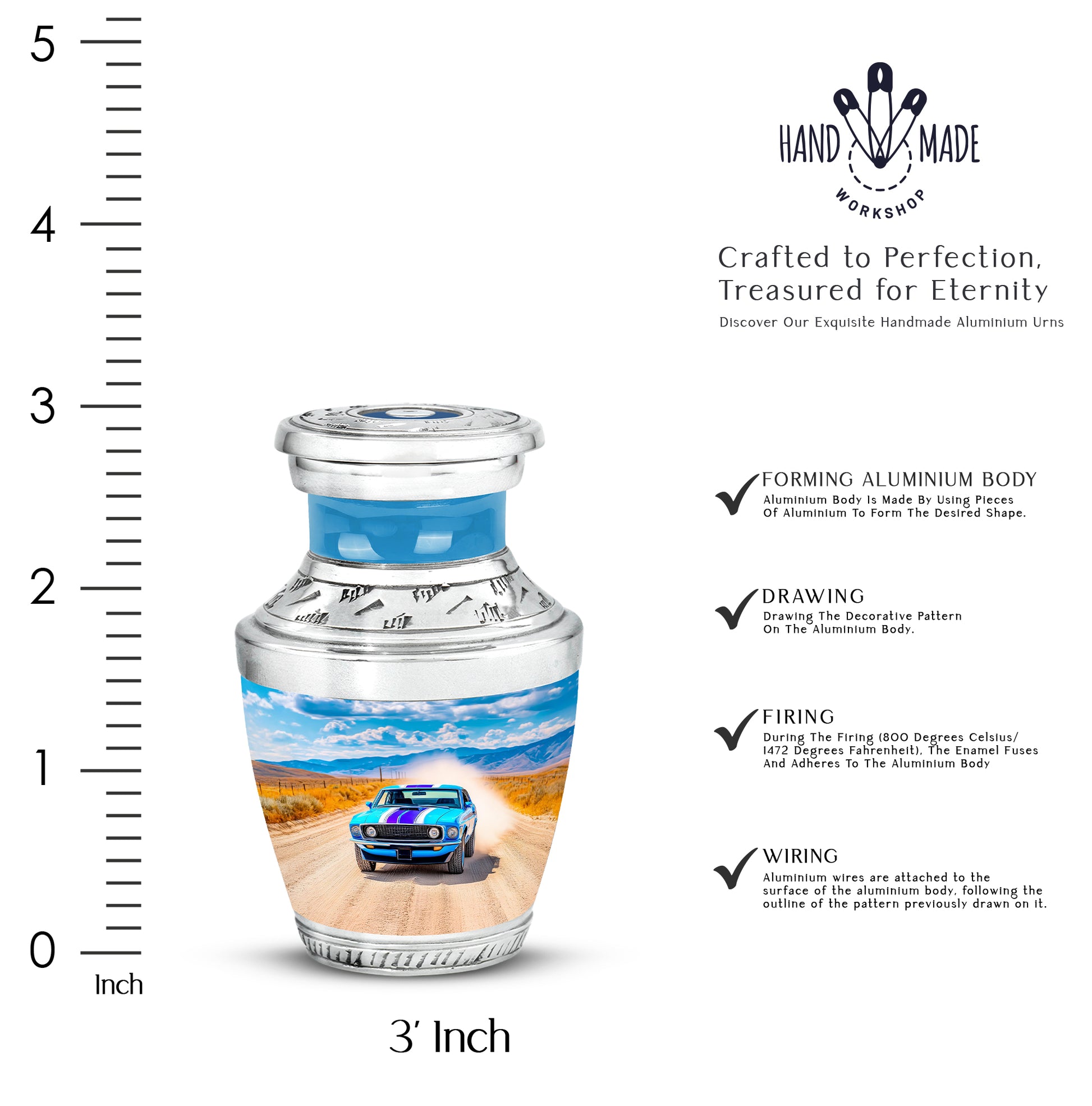Calming Blue Car Cremation Urn top-down view of secure threaded lid - stylized abstract car pattern with bold lines - mini keepsake memorial for portion of cremation ashes