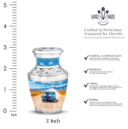 Calming Blue Car Cremation Urn top-down view of secure threaded lid - stylized abstract car pattern with bold lines - mini keepsake memorial for portion of cremation ashes