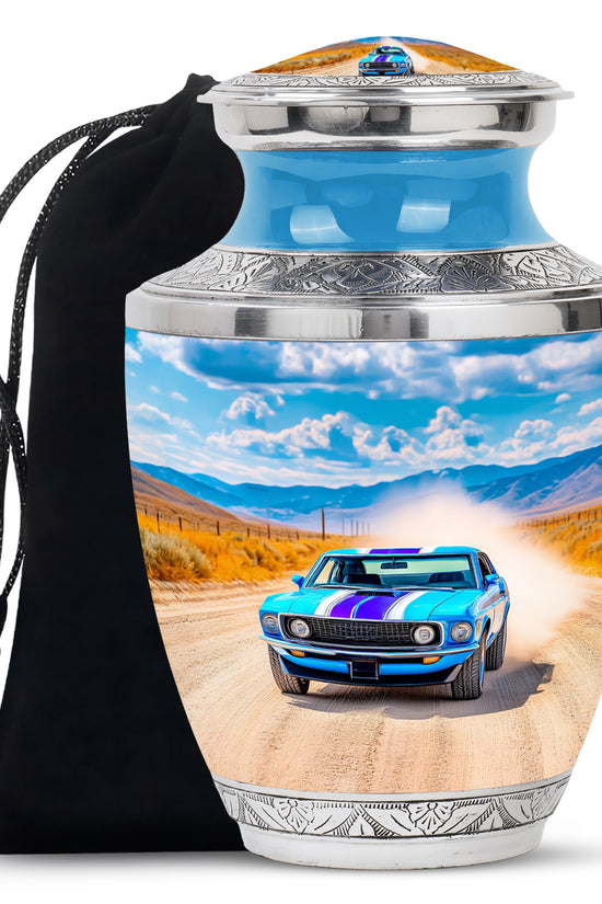 Soft Blue Car Cremation Urn side profile showing urn shape - artistic car interpretation with creative detail - full-size 10 inch 200 cubic inch adult cremation urn