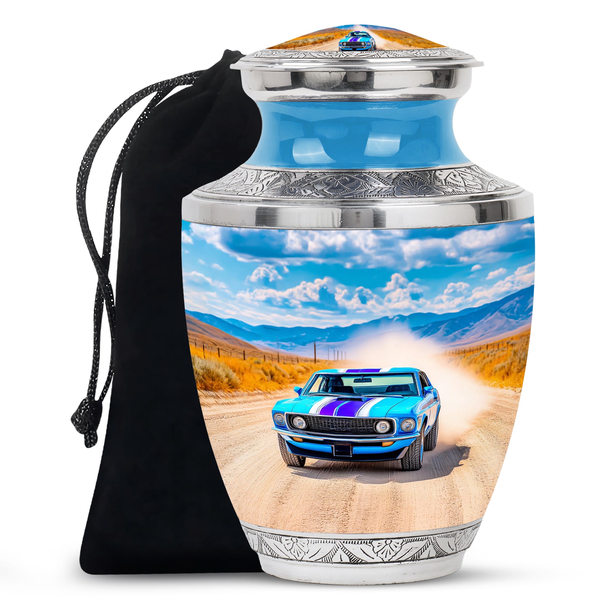 Soft Blue Car Cremation Urn side profile showing urn shape - artistic car interpretation with creative detail - full-size 10 inch 200 cubic inch adult cremation urn