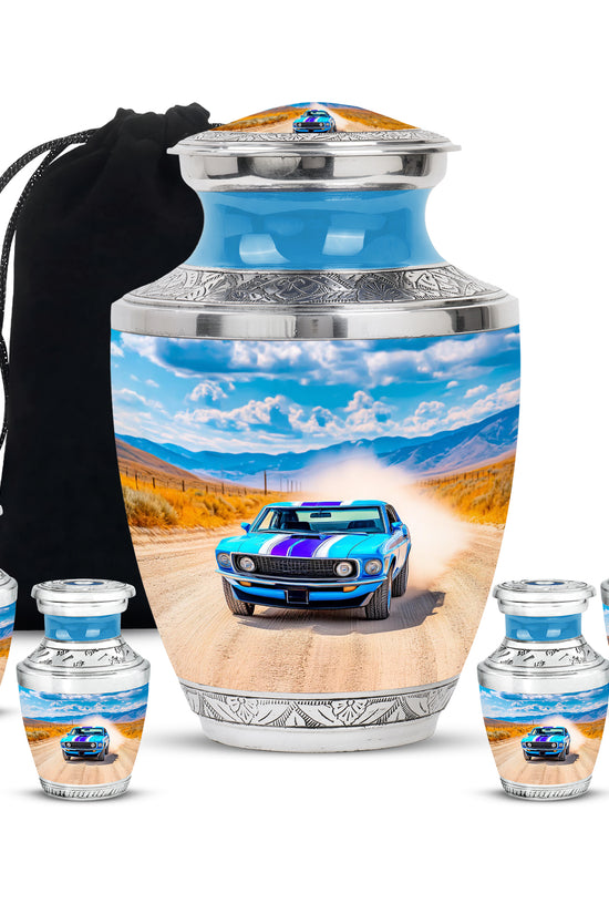 Soft Blue Car Cremation Urn lifestyle display on memorial shelf - artistic car interpretation with creative detail - memorial set with one large and four small urns