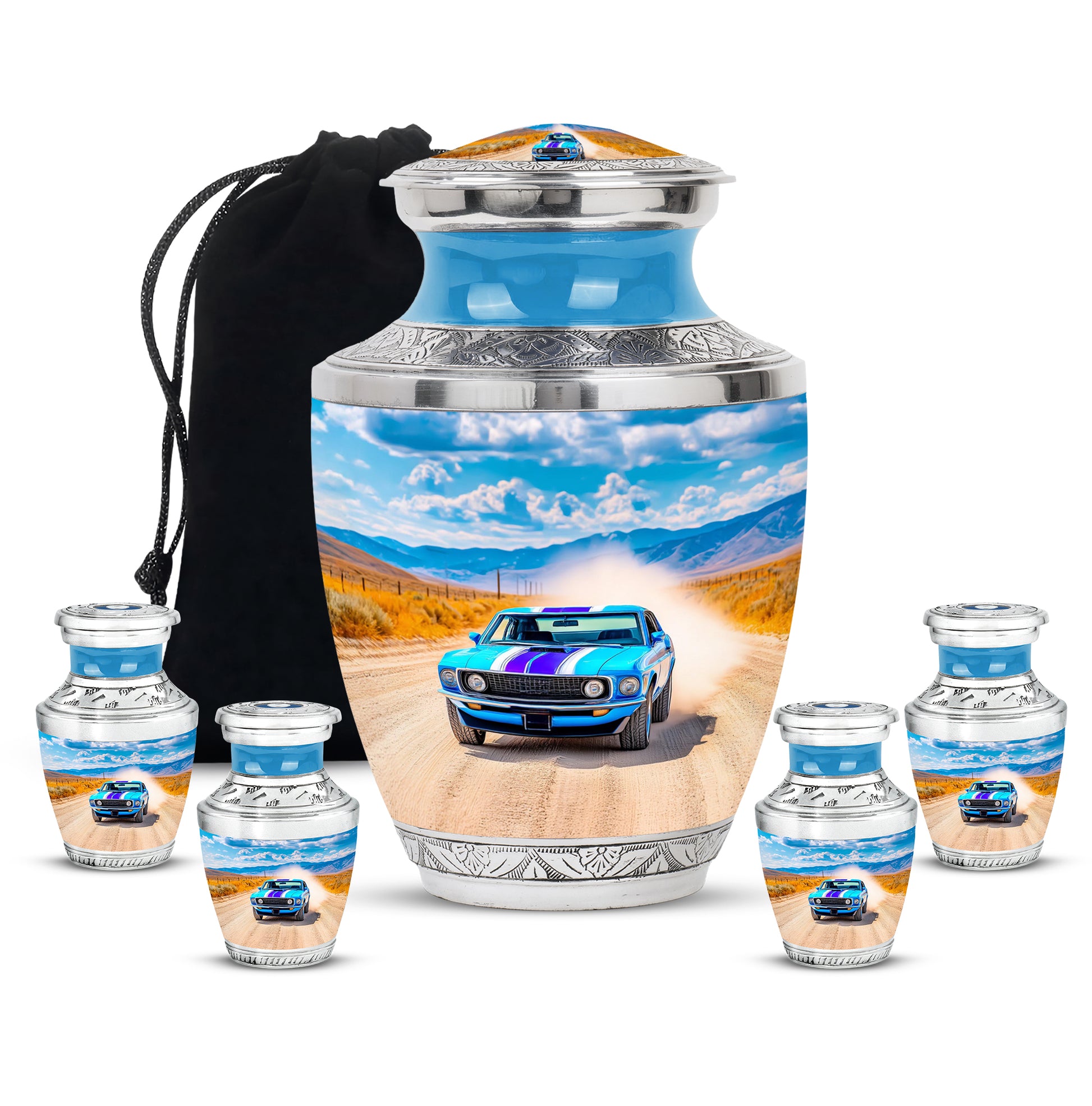 Soft Blue Car Cremation Urn lifestyle display on memorial shelf - artistic car interpretation with creative detail - memorial set with one large and four small urns