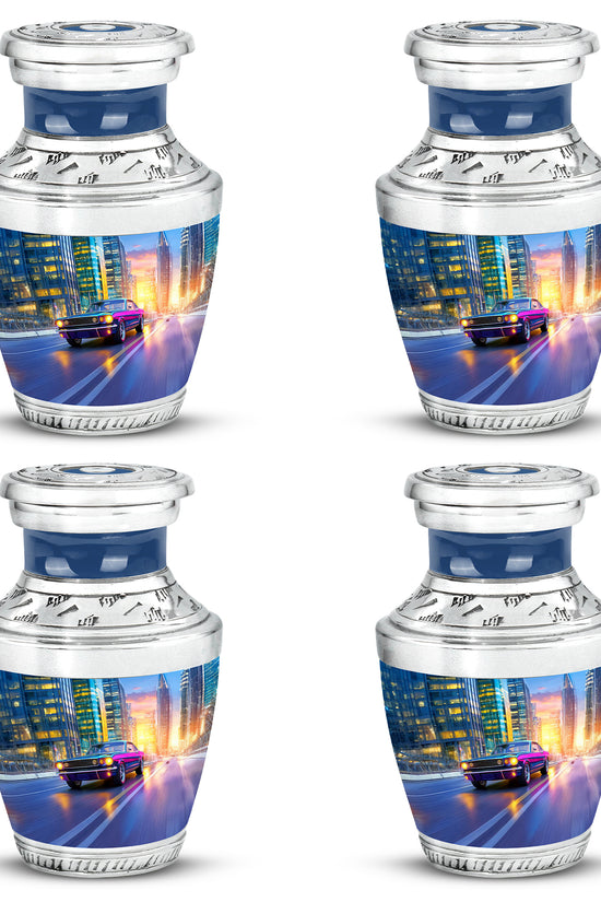 Icy Blue Car Cremation Urn back view with polished surface - contemporary car design with modern artistic flair - 10 inch aluminum urn for cremated remains