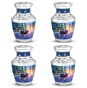 Icy Blue Car Cremation Urn back view with polished surface - contemporary car design with modern artistic flair - 10 inch aluminum urn for cremated remains