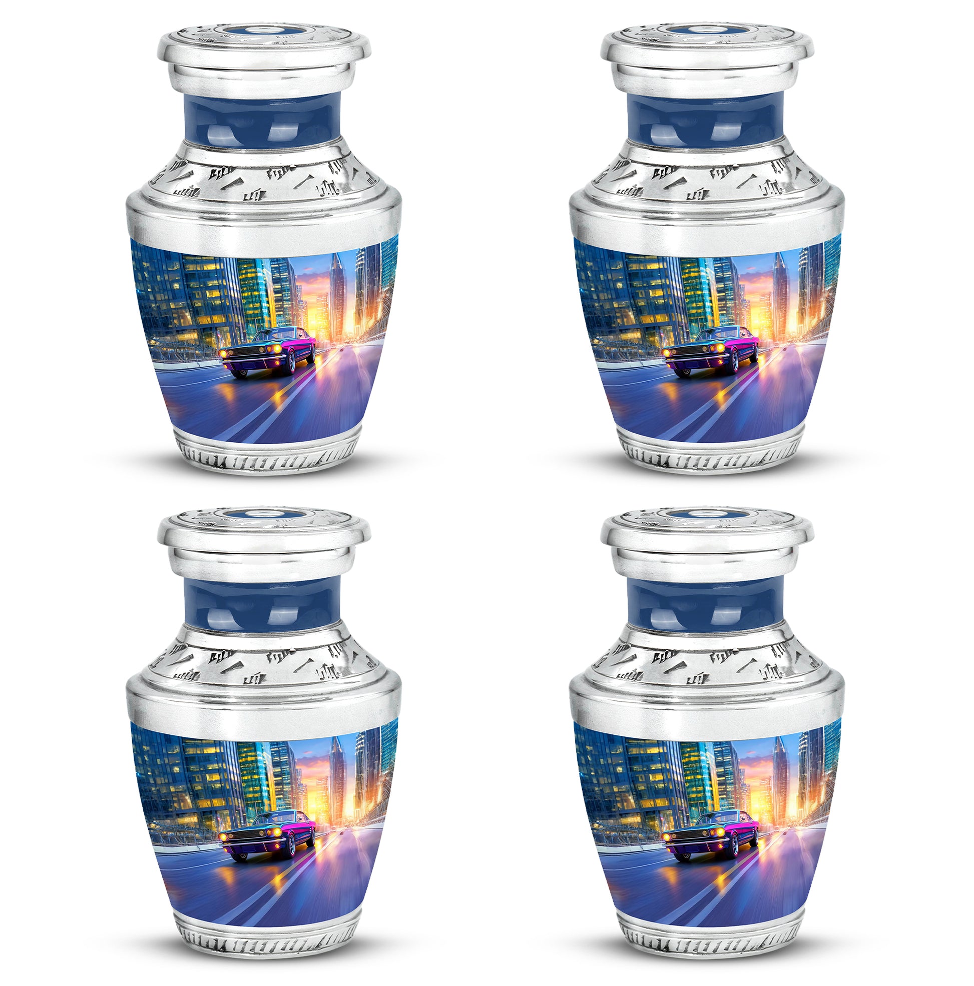 Icy Blue Car Cremation Urn back view with polished surface - contemporary car design with modern artistic flair - 10 inch aluminum urn for cremated remains
