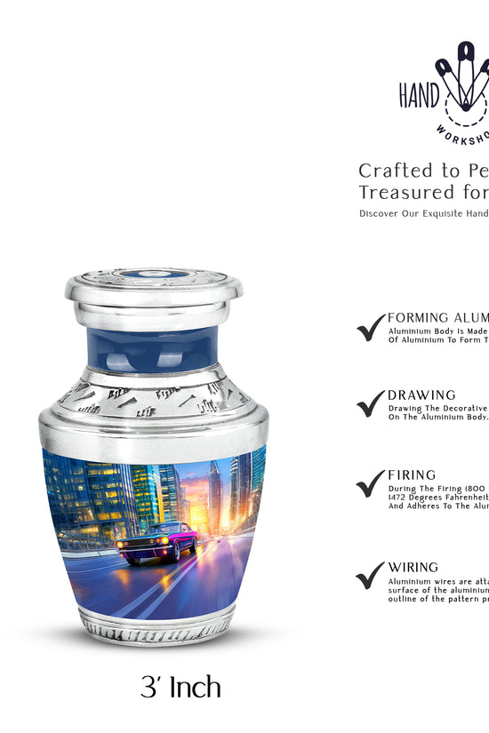 Bright Blue Car Cremation Urn top-down view of secure threaded lid - stylized abstract car pattern with bold lines - mini keepsake memorial for portion of cremation ashes