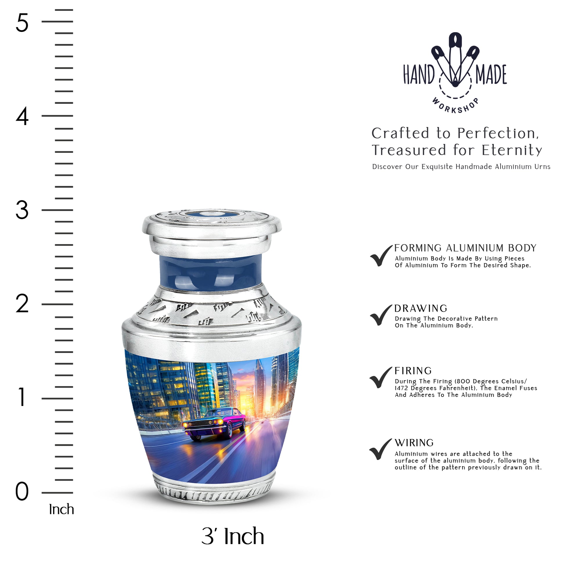 Bright Blue Car Cremation Urn top-down view of secure threaded lid - stylized abstract car pattern with bold lines - mini keepsake memorial for portion of cremation ashes