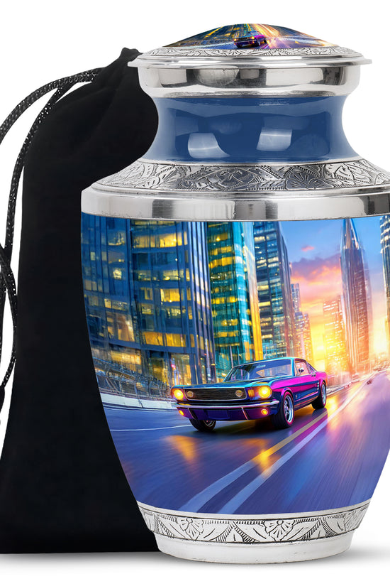 Icy Blue Car Cremation Urn side profile showing urn shape - modern art-inspired car motif on sleek aluminum - full-size 10 inch 200 cubic inch adult cremation urn