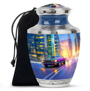 Icy Blue Car Cremation Urn side profile showing urn shape - modern art-inspired car motif on sleek aluminum - full-size 10 inch 200 cubic inch adult cremation urn